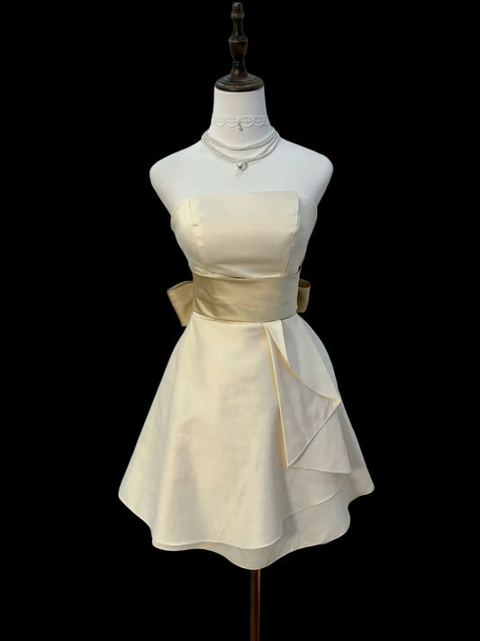 Strapless Beige Satin Short Homecoming Dress  P1791