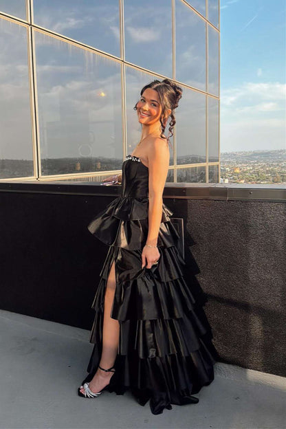 Strapless Black Beaded Tiered Long Dress With Slit  P2507