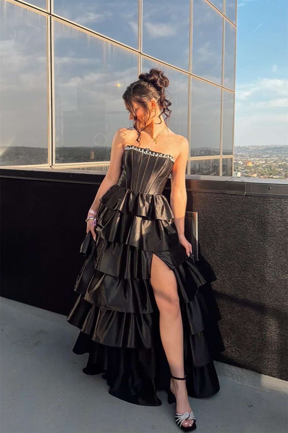 Strapless Black Beaded Tiered Long Dress With Slit  P2507