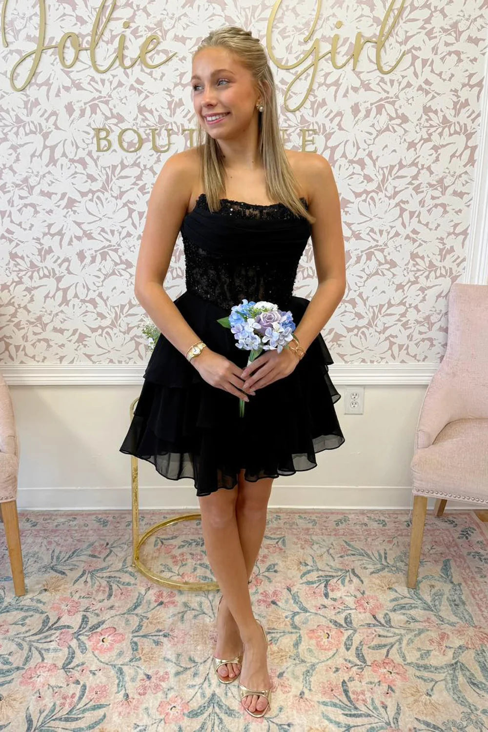 Strapless Black Chiffon Short Ruffles Tiered Homecoming Dresses With Beads P2389