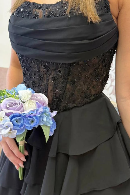 Strapless Black Chiffon Short Ruffles Tiered Homecoming Dresses With Beads P2389