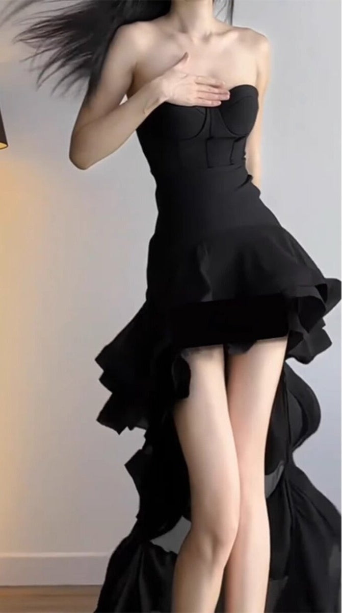 Strapless Black Homecoming Dress Ruffled Birthday Dress   P1751