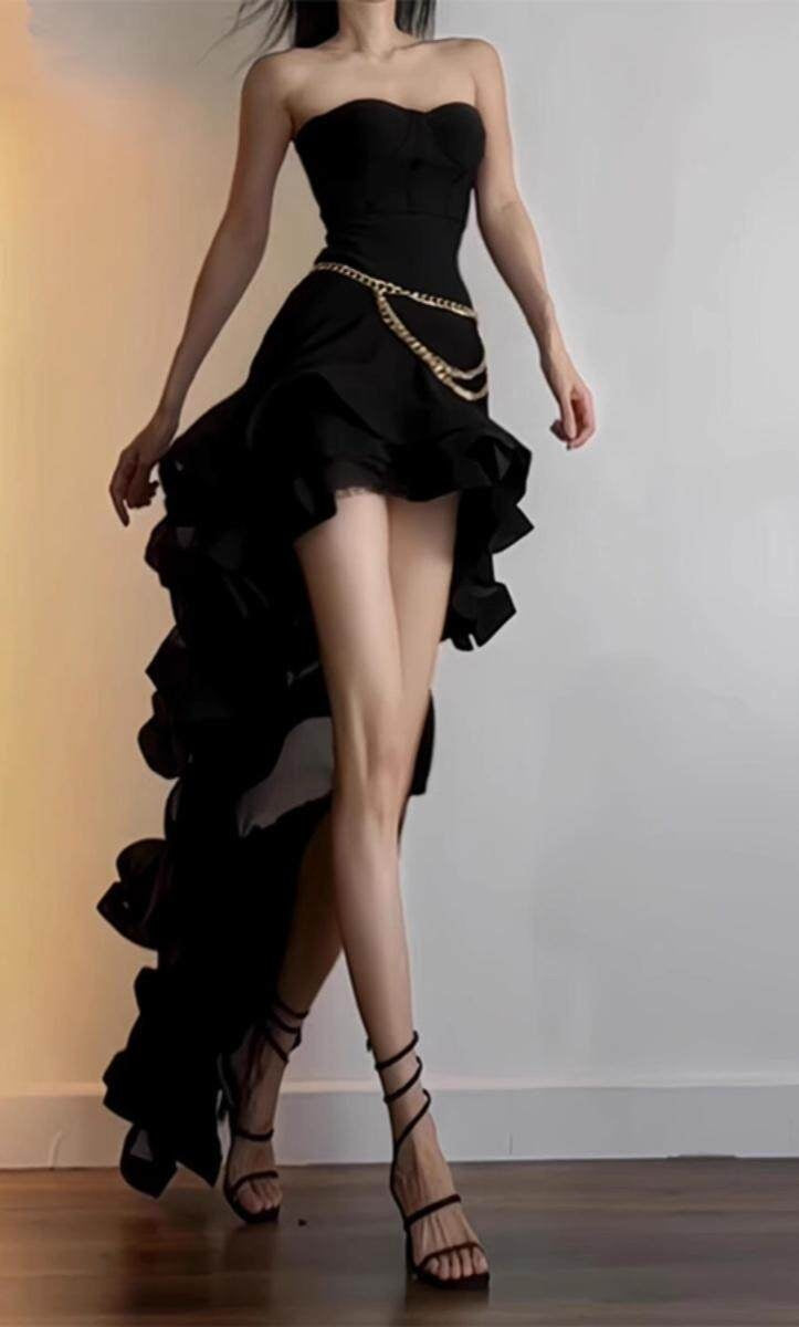 Strapless Black Homecoming Dress Ruffled Birthday Dress   P1751