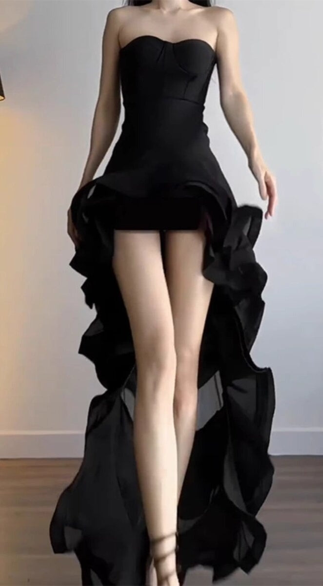 Strapless Black Homecoming Dress Ruffled Birthday Dress   P1751
