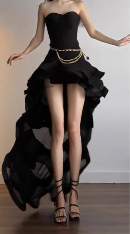 Strapless Black Homecoming Dress Ruffled Birthday Dress   P1751