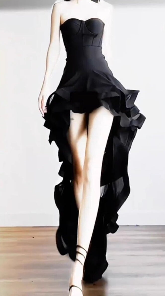 Strapless Black Homecoming Dress Ruffled Birthday Dress   P1751