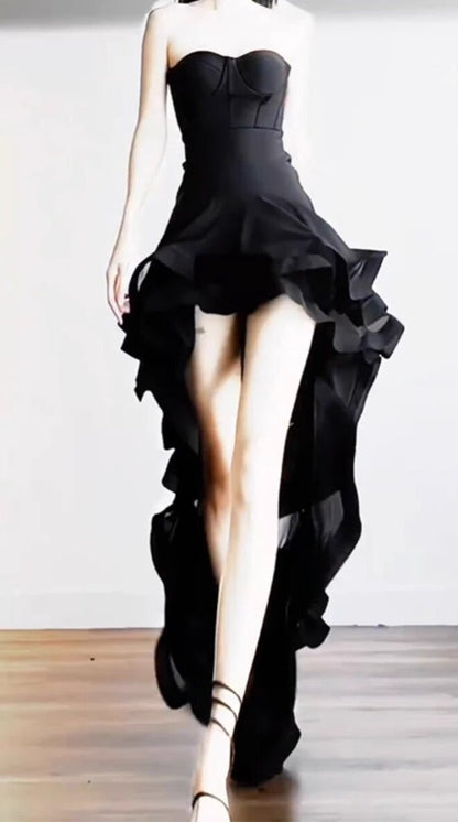 Strapless Black Homecoming Dress Ruffled Birthday Dress   P1751
