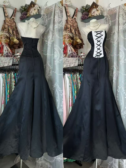 Strapless Black Mermaid Satin Formal Prom Dress Evening Gown  P2680