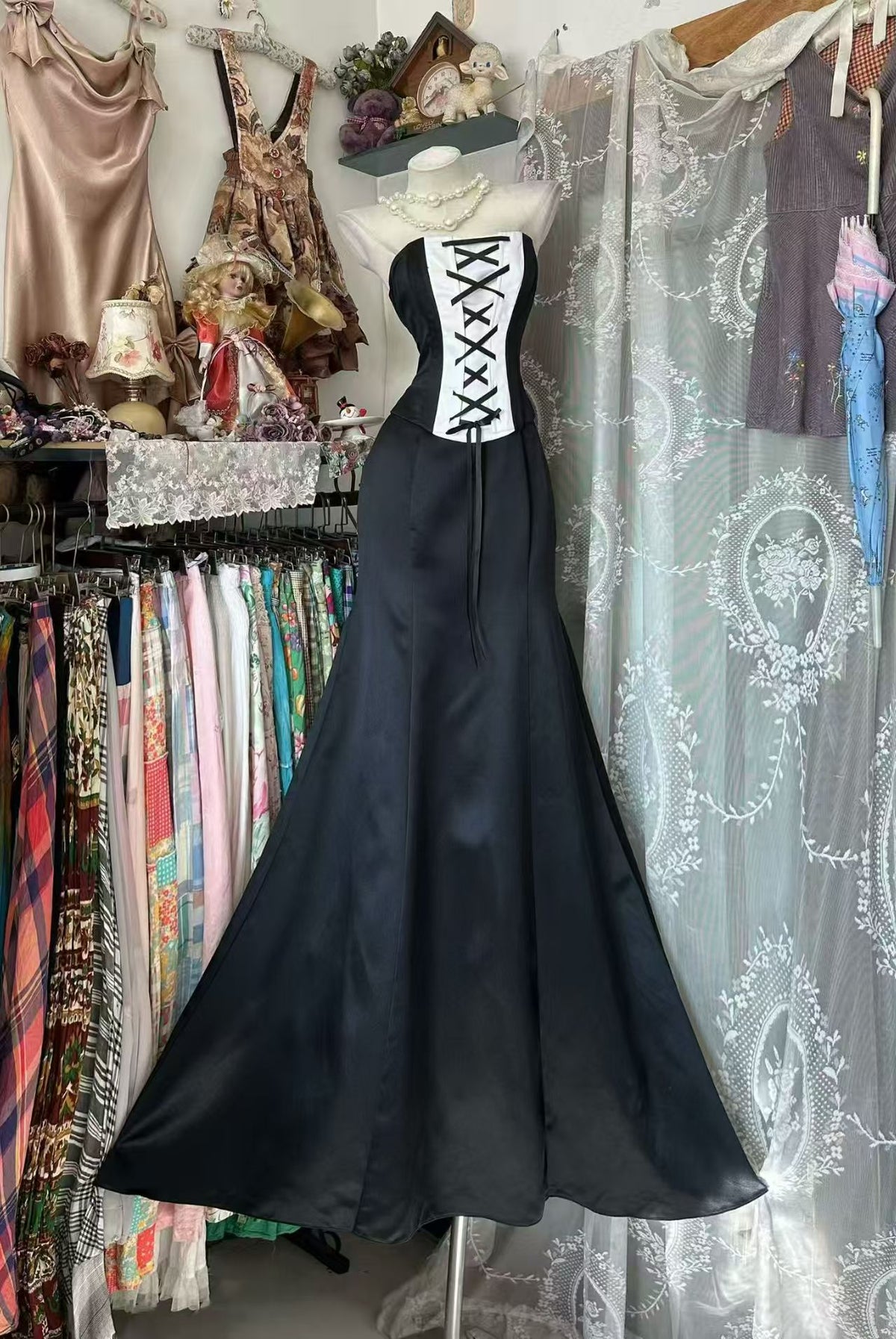 Strapless Black Mermaid Satin Formal Prom Dress Evening Gown  P2680