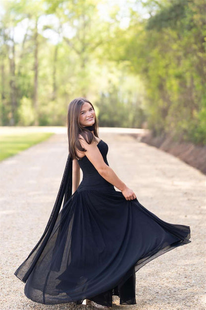 Strapless Black Ruched Long Dress With Scarf  P2506
