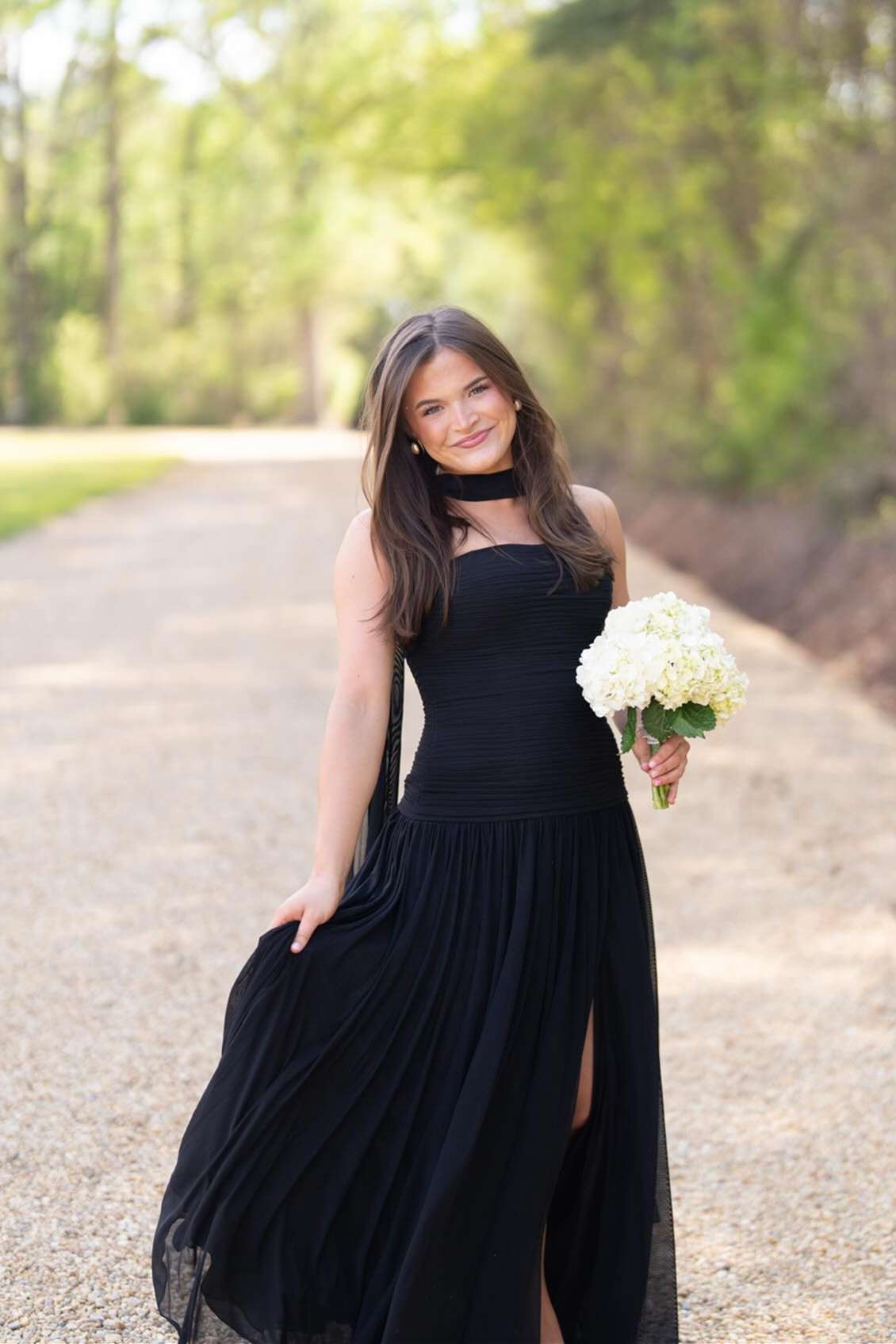 Strapless Black Ruched Long Dress With Scarf  P2506