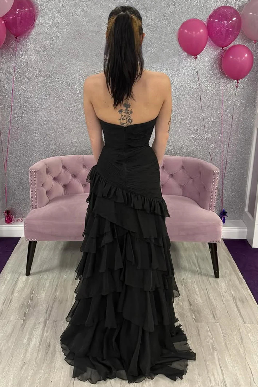 Strapless Black Ruffled Mermaid Prom Dress Tiered Chiffon Formal Dress  P972