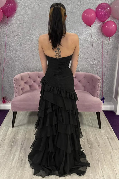 Strapless Black Ruffled Mermaid Prom Dress Tiered Chiffon Formal Dress  P972