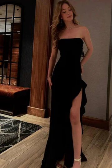 Strapless Black Ruffles Prom Dress With High Slit P840