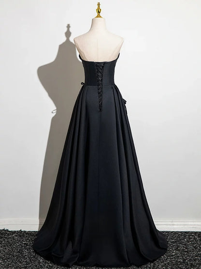 Strapless Black Satin Formal Prom Dress with Bow Knots   P2710