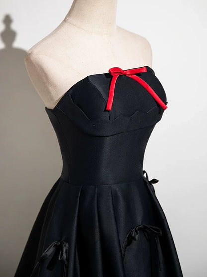 Strapless Black Satin Formal Prom Dress with Bow Knots   P2710