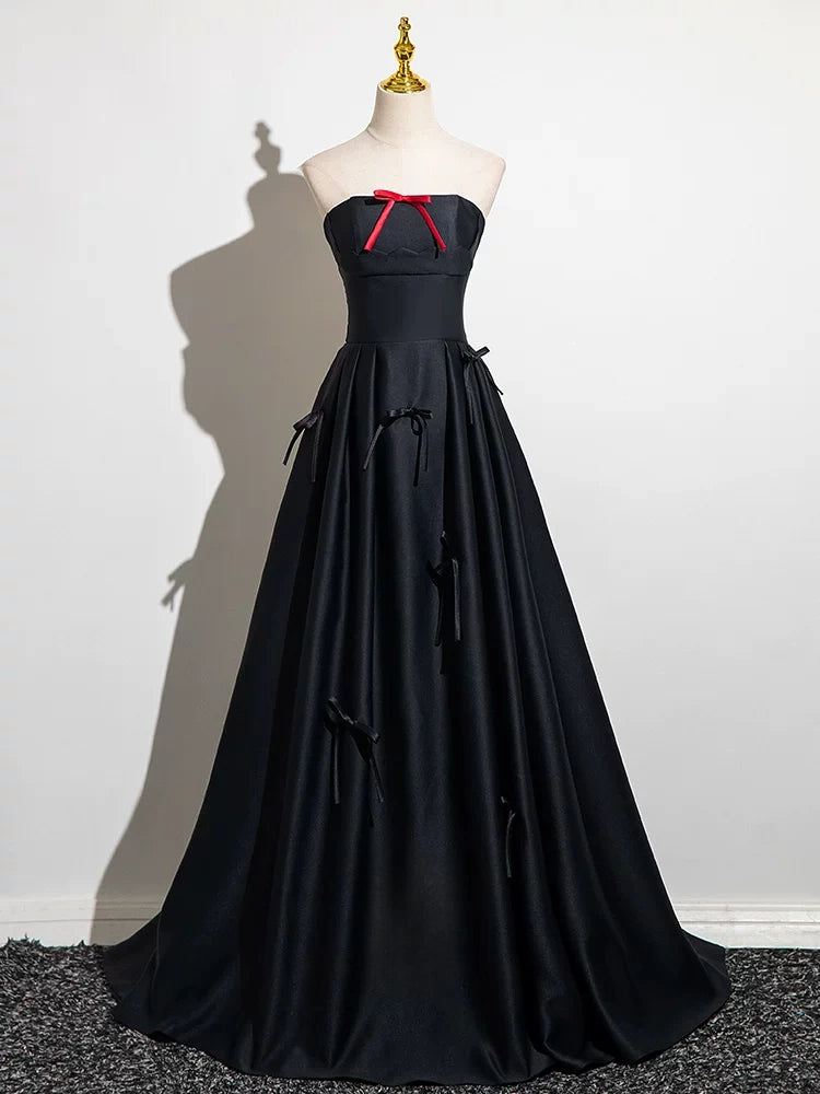 Strapless Black Satin Formal Prom Dress with Bow Knots   P2710