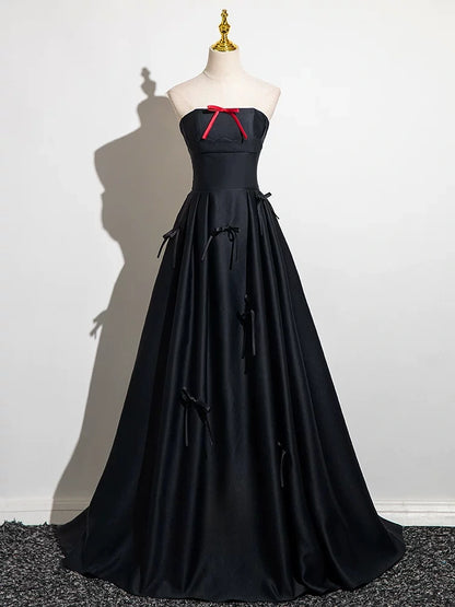 Strapless Black Satin Formal Prom Dress with Bow Knots   P2710