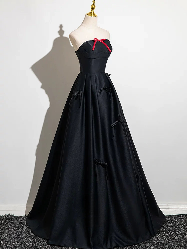 Strapless Black Satin Formal Prom Dress with Bow Knots   P2710