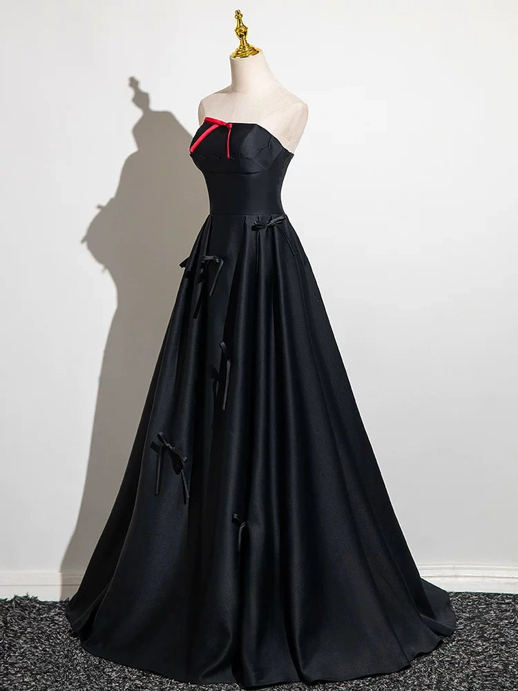 Strapless Black Satin Formal Prom Dress with Bow Knots   P2710
