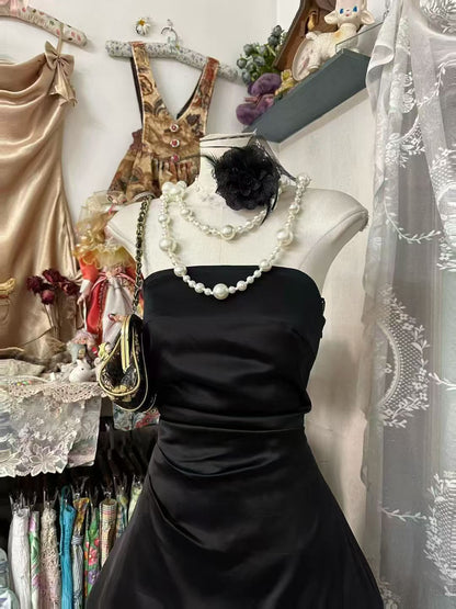 Strapless Black Satin Homecoming Dress Short Birthday Dress   P2073