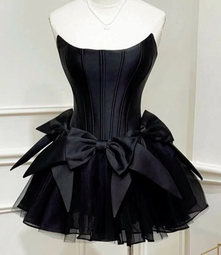 Strapless Black Satin Homecoming Dress Short Birthday Dress With Bow  P1336