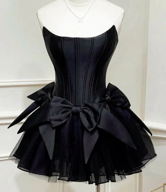 Strapless Black Satin Homecoming Dress Short Birthday Dress With Bow  P1336