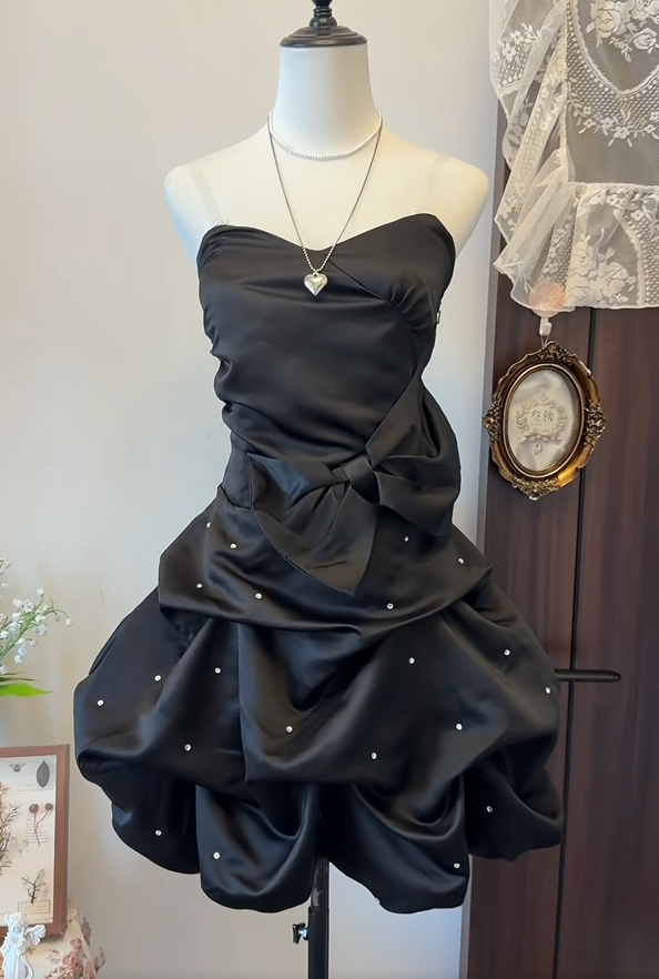 Strapless Black Satin Short Birthday Dress Homecoming Dress   P2641