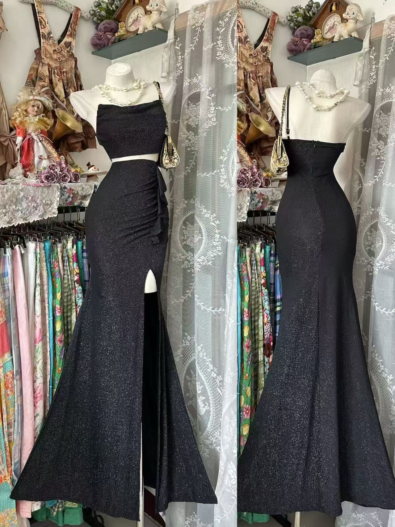 Strapless Black Sparkle Evening Dress Ruffled Prom Dress  P2037