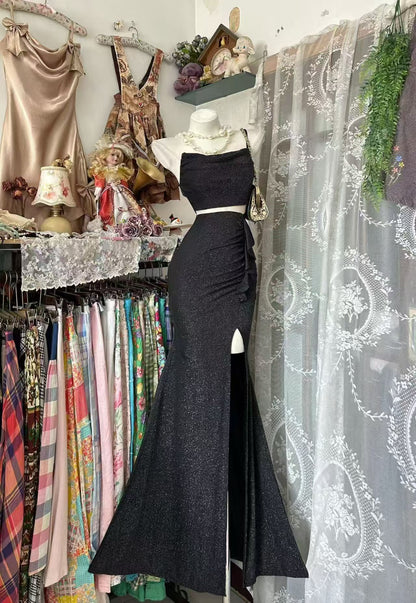 Strapless Black Sparkle Evening Dress Ruffled Prom Dress  P2037