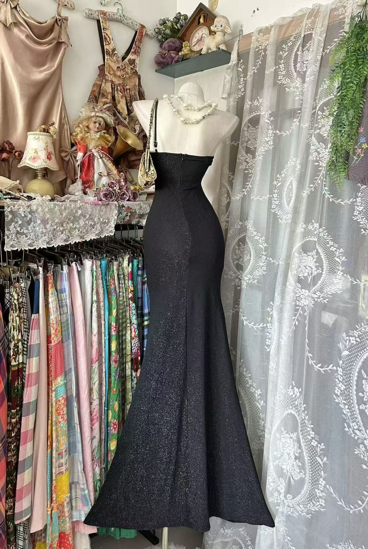 Strapless Black Sparkle Evening Dress Ruffled Prom Dress  P2037