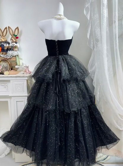 Strapless Black Tulle Formal Prom Dress Layered Sparkle Birthday Dress  P2030