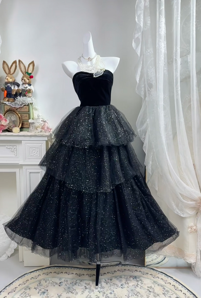 Strapless Black Tulle Formal Prom Dress Layered Sparkle Birthday Dress  P2030