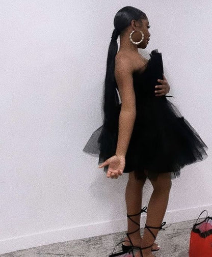 Strapless Black Tulle Homecoming Dress A Line Short Birthday Dress   P1567