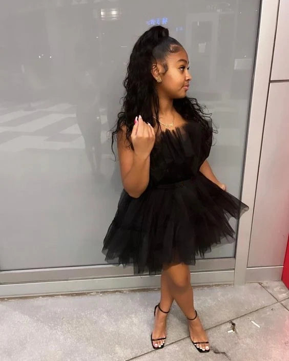 Strapless Black Tulle Homecoming Dress A Line Short Birthday Dress   P1567