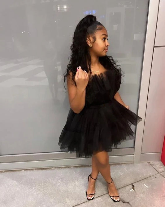 Strapless Black Tulle Homecoming Dress A Line Short Birthday Dress   P1567