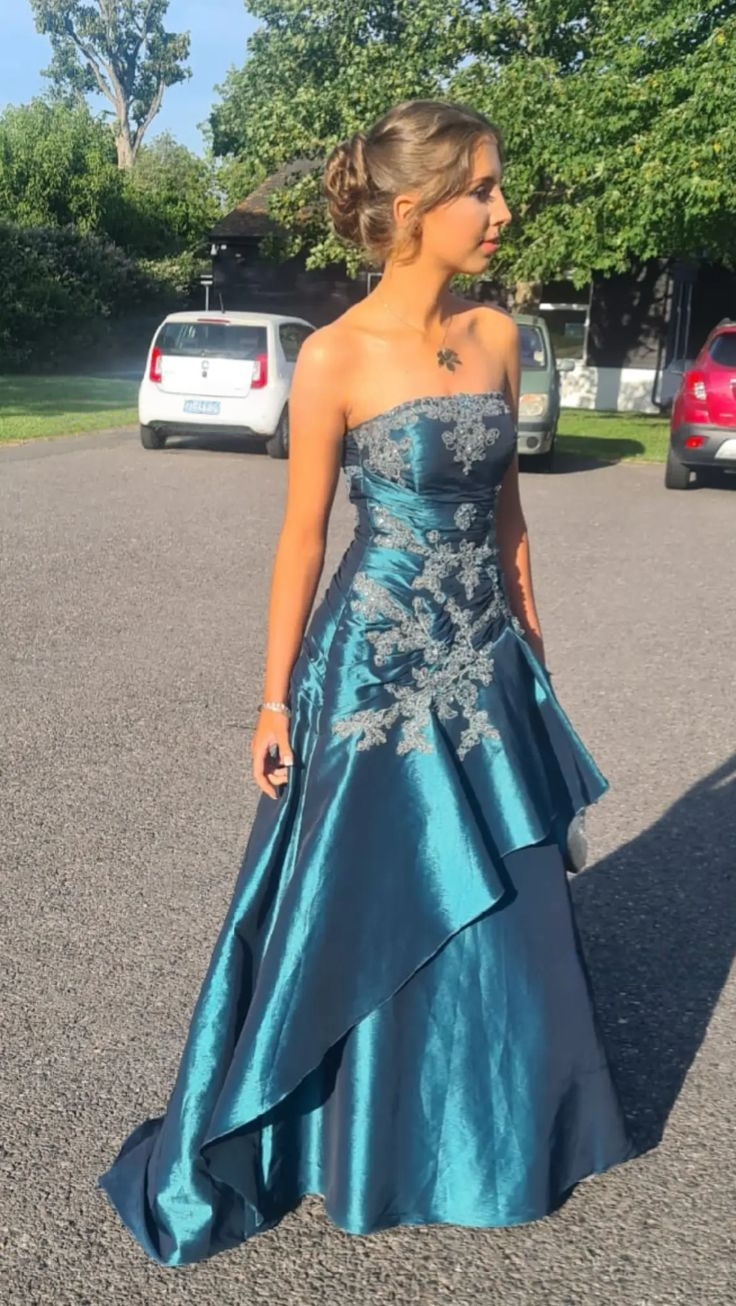 Strapless Blue A Line Vintage Prom Dress With Appliques  P1076
