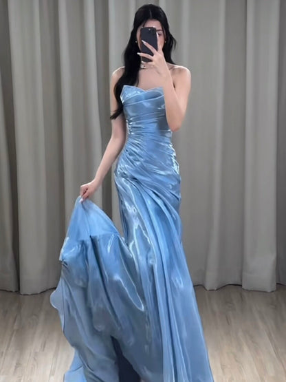 Strapless Blue Mermaid Prom Dress Pleated Formal Dress  P1104