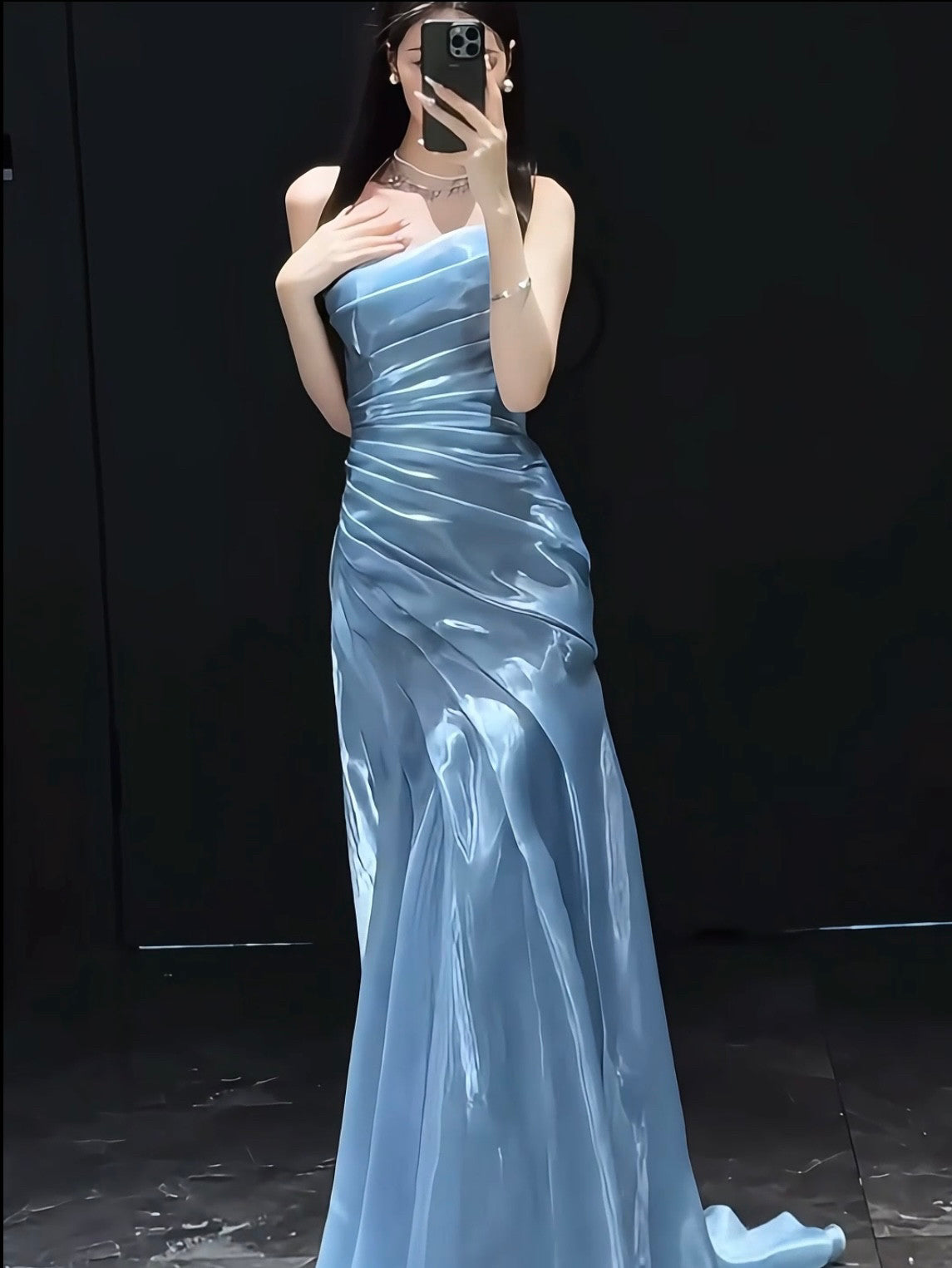 Strapless Blue Mermaid Prom Dress Pleated Formal Dress  P1104