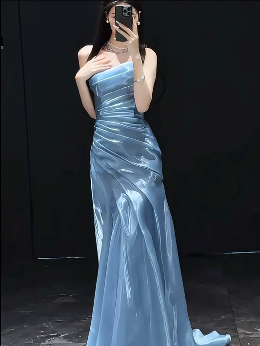 Strapless Blue Mermaid Prom Dress Pleated Formal Dress  P1104