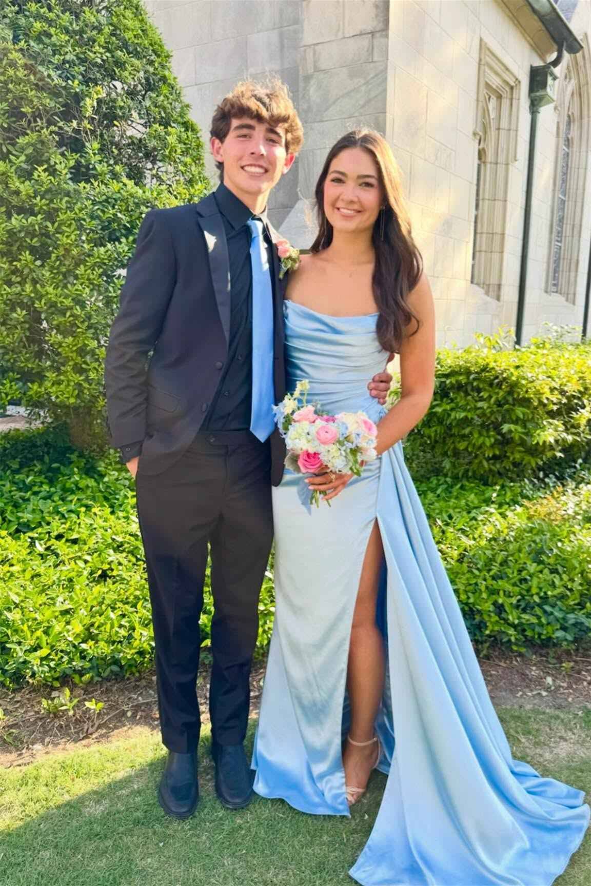 Strapless Blue Pleated Long Prom Dress With Train  P2512