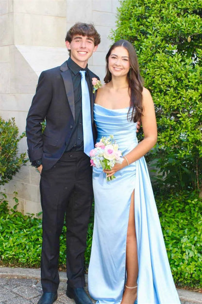 Strapless Blue Pleated Long Prom Dress With Train  P2512