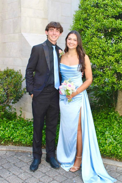 Strapless Blue Pleated Long Prom Dress With Train  P2512