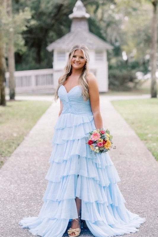 Strapless Blue Pleated Tiered Long Prom Dress With Slit  P2538