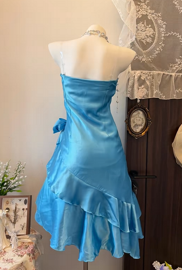Strapless Blue Ruffled Homecoming Dress With Bow Knot  P2025