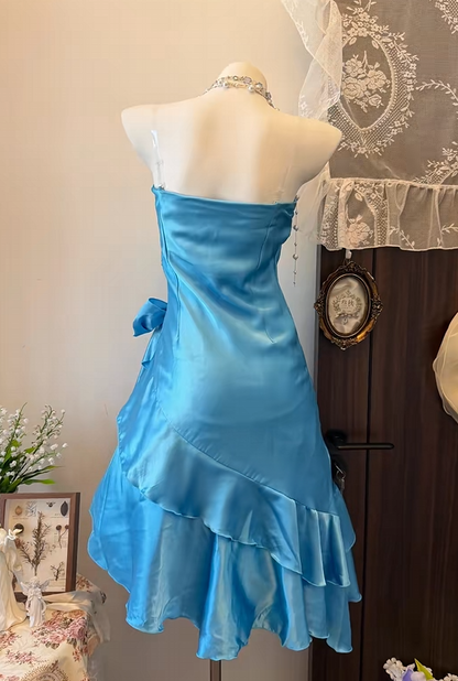 Strapless Blue Ruffled Homecoming Dress With Bow Knot  P2025