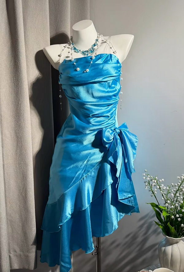 Strapless Blue Ruffled Homecoming Dress With Bow Knot  P2025