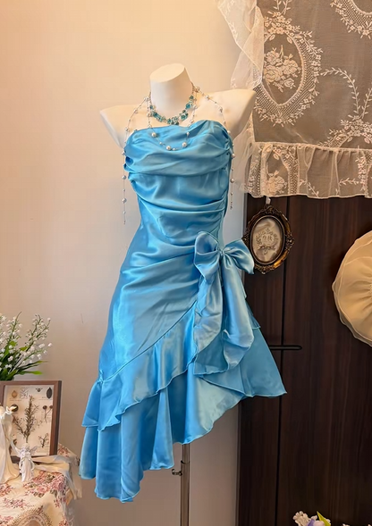 Strapless Blue Ruffled Homecoming Dress With Bow Knot  P2025