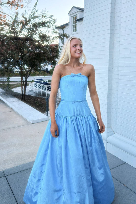 Strapless Blue Satin A-Line Long Dress With Bow  P1043