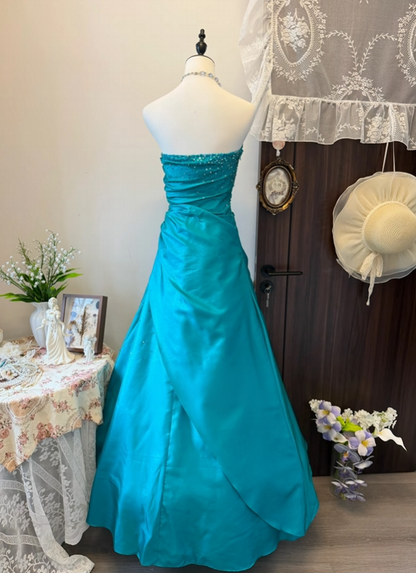 Strapless Blue Satin Formal Prom Dress Beaded Retro Evening Dress   P1921